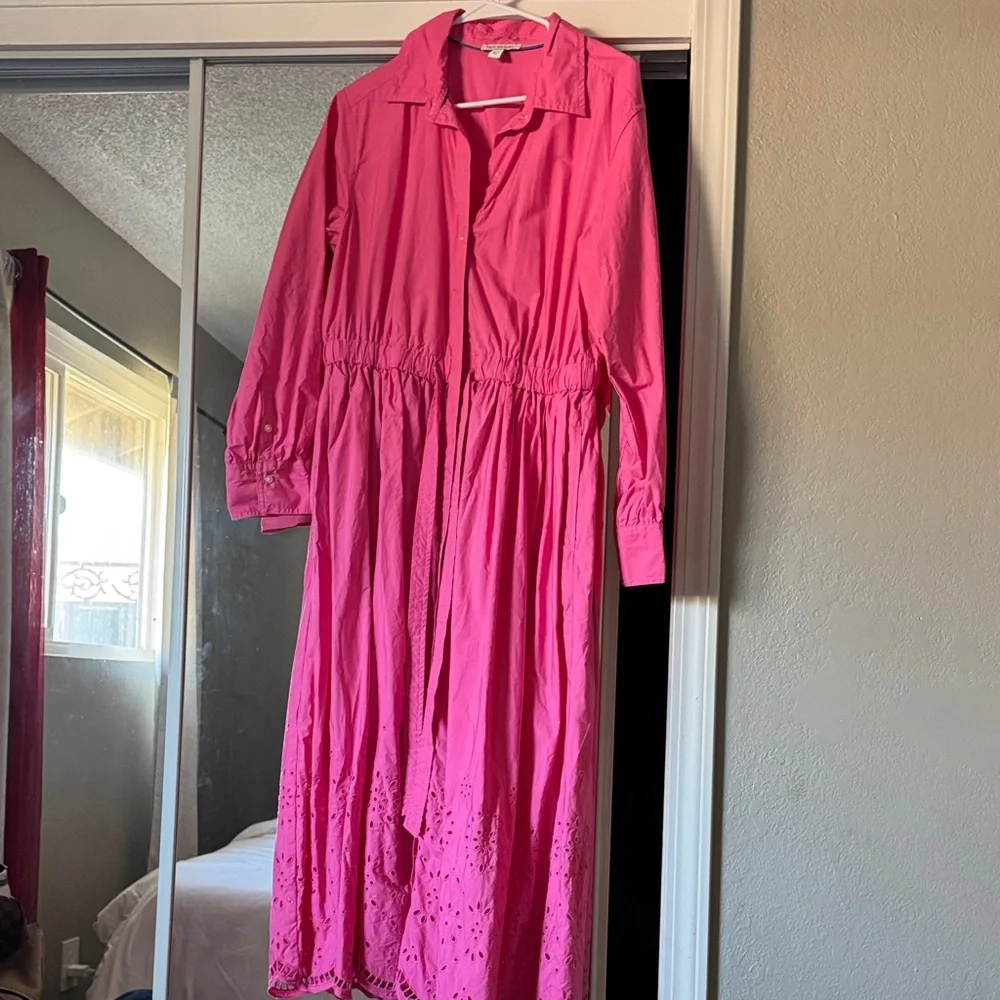 Bright Pink Long Sleeve Shirt Dress with Eyelet Hem - Picture 1 of 3